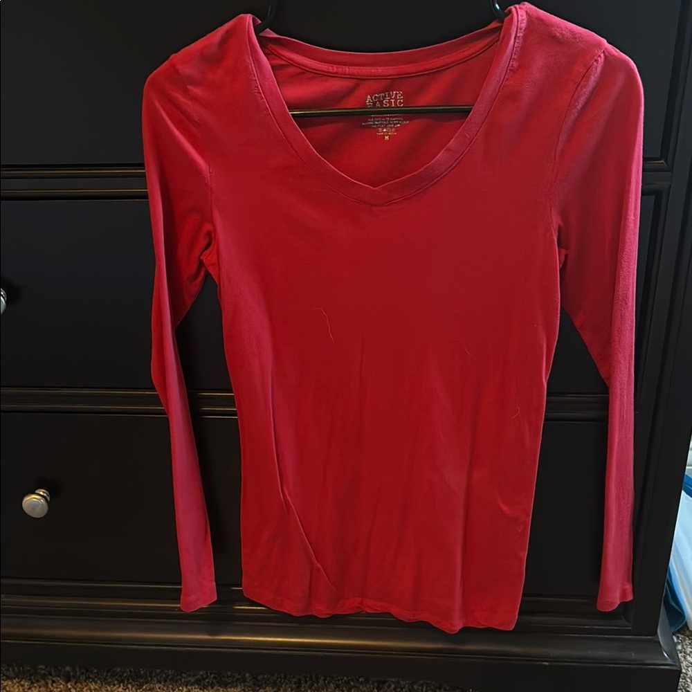 Red Long Sleeve V-Neck Top
